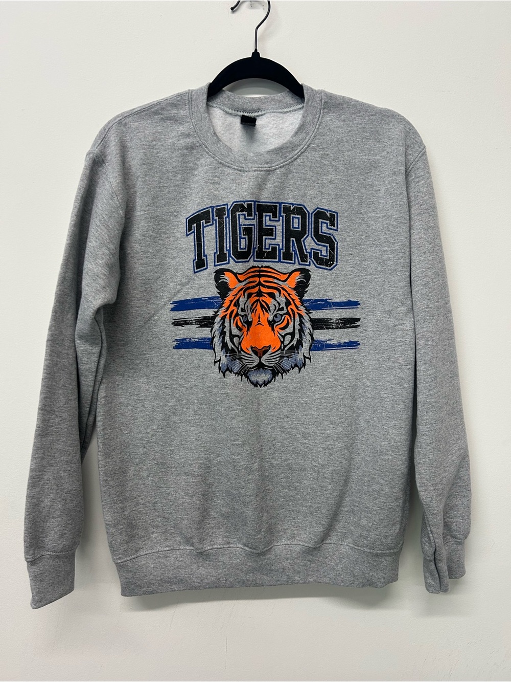 Gildan Gray Crewneck Sweatshirt with Orange Tiger Graphic and Blue Accents